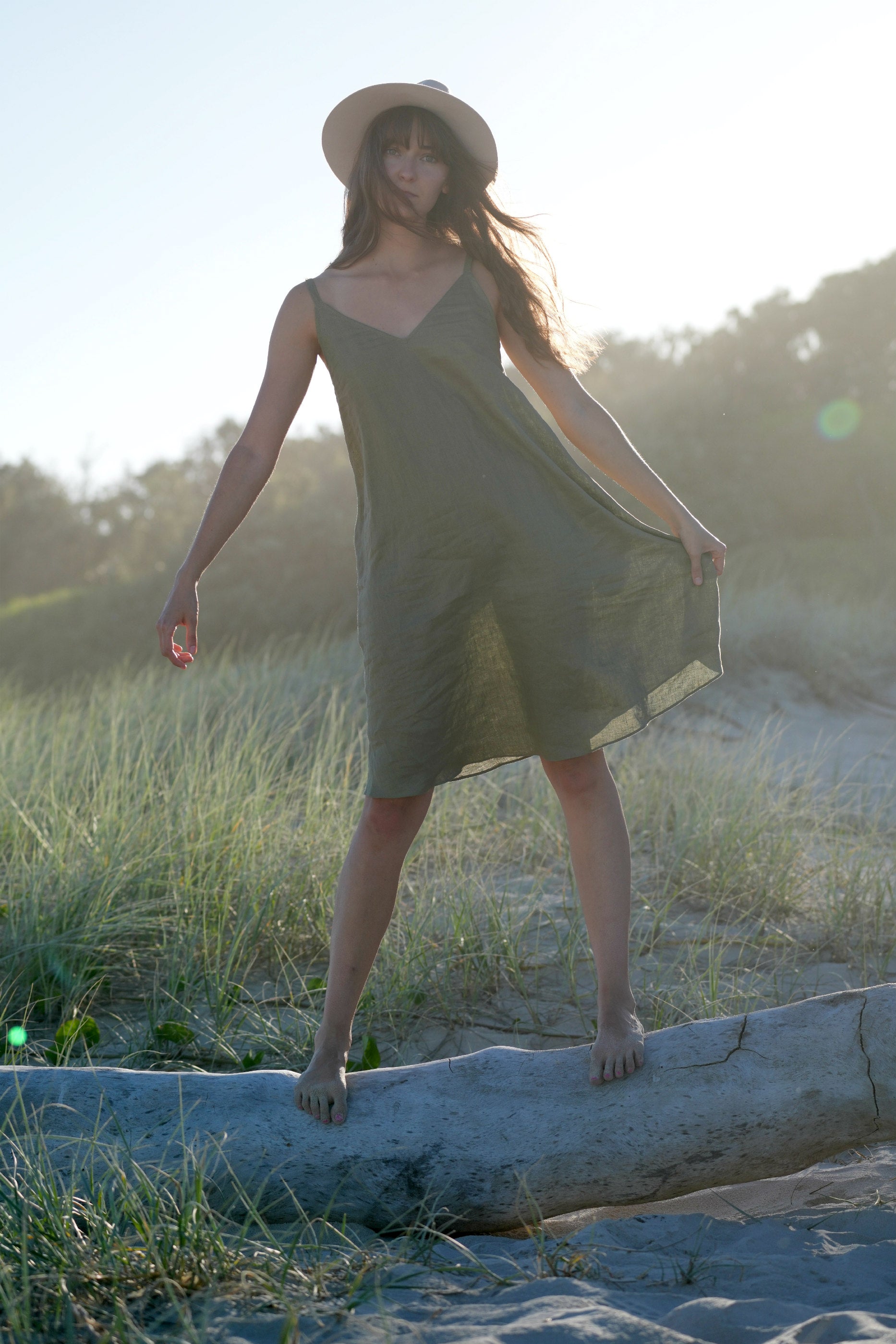 Olive green linen sundress. 