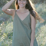 khaki linen sundress with pockets and adjustable straps