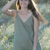 khaki linen sundress with pockets and adjustable straps