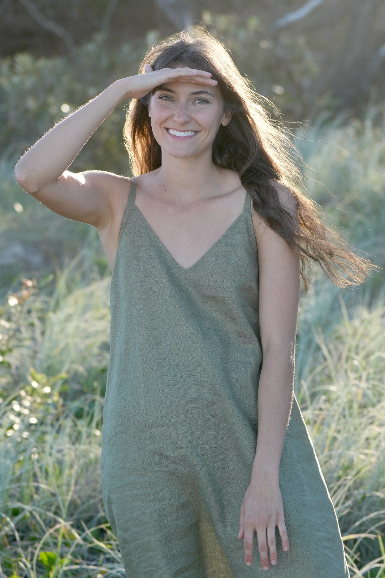 khaki linen sundress with pockets and adjustable straps