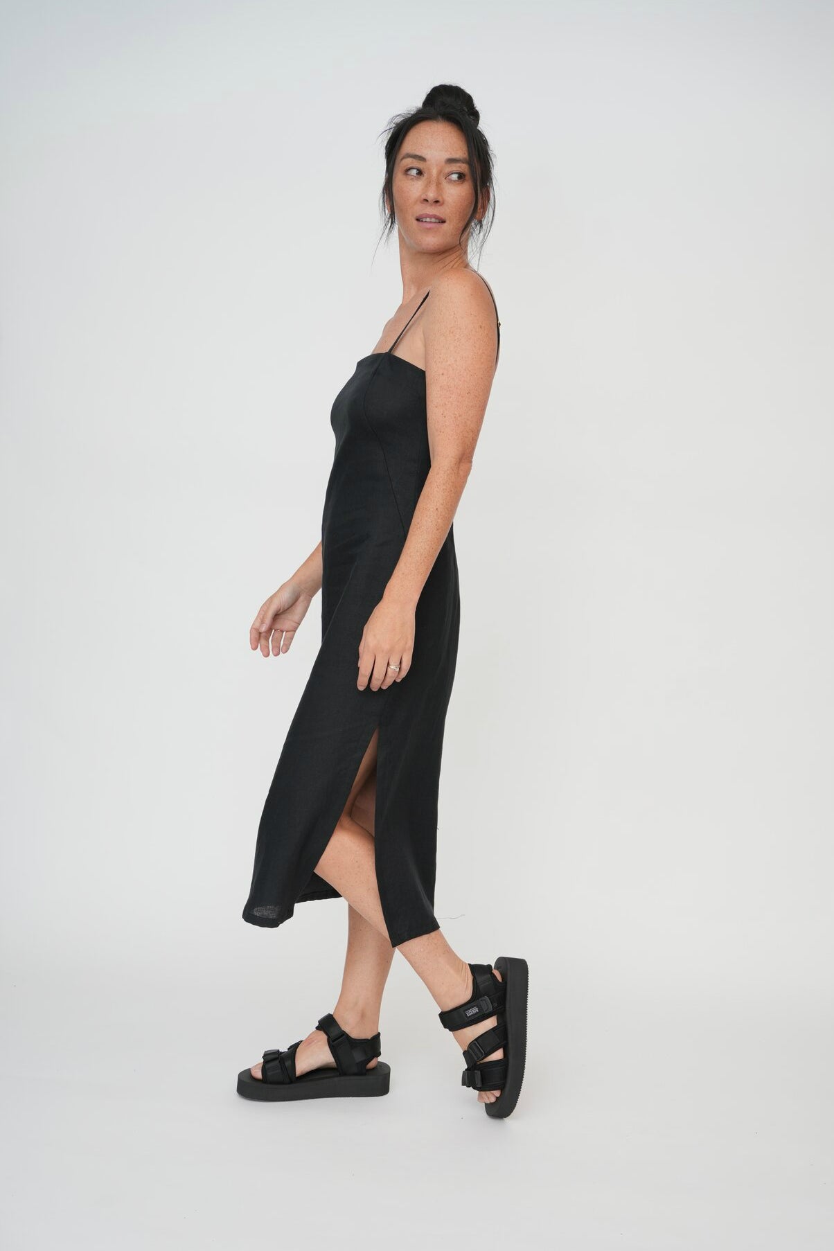 Black strappy dress with split