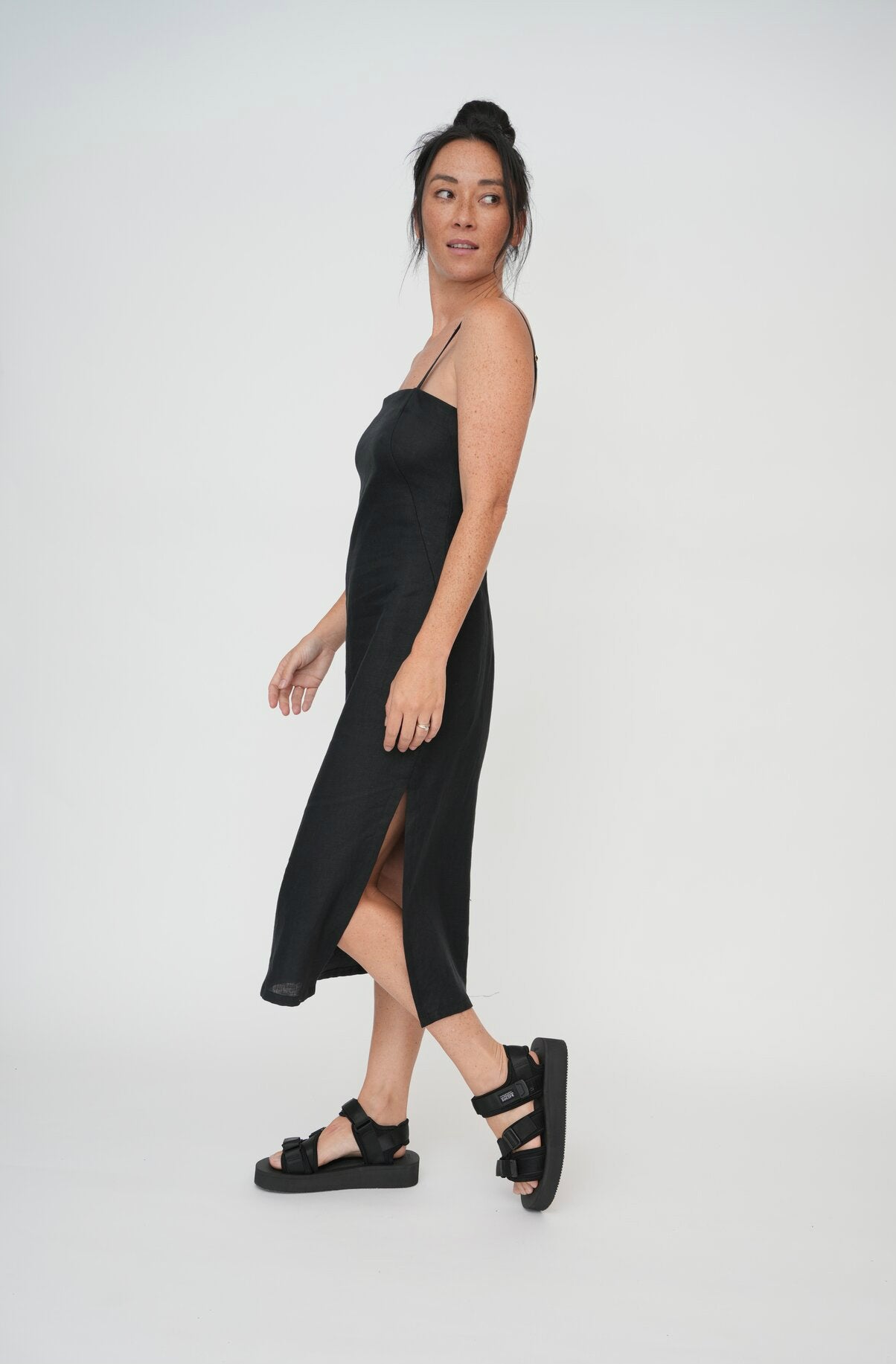 Black strappy dress with split