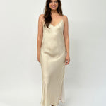 Silk satin maxi dress with low back and side split. Evening or wedding dress