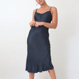 Navy blue silk satin slip dress