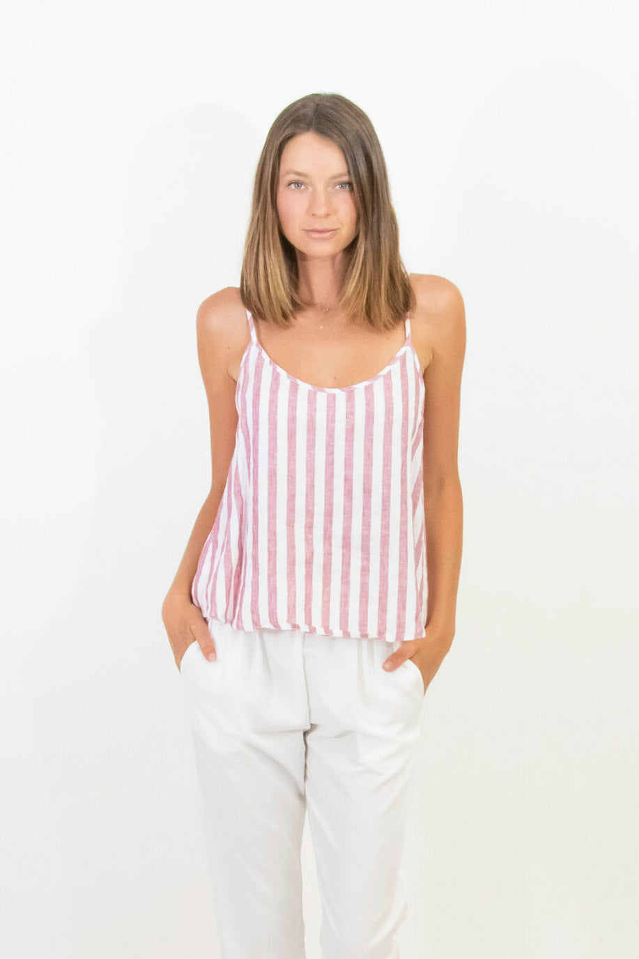 Striped linen top with tie back.